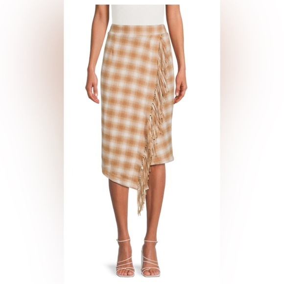 Tan and white plaid look Fringed Faux Wrap Skirt size large 12 14 brand new - Picture 5 of 7
